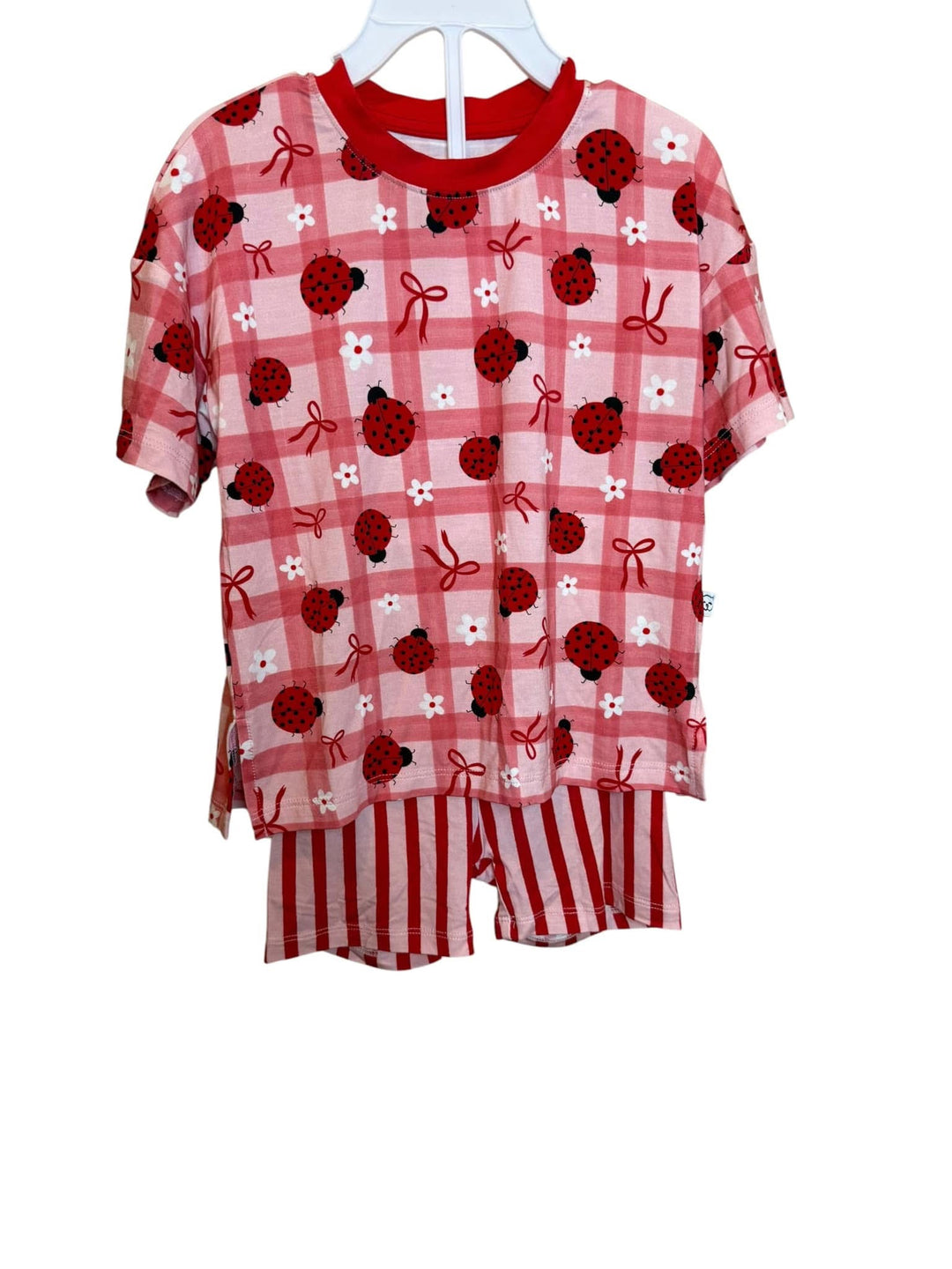 Two-Piece Oversized Tee and Bikers Set - Ladybug with Stripe Bikers