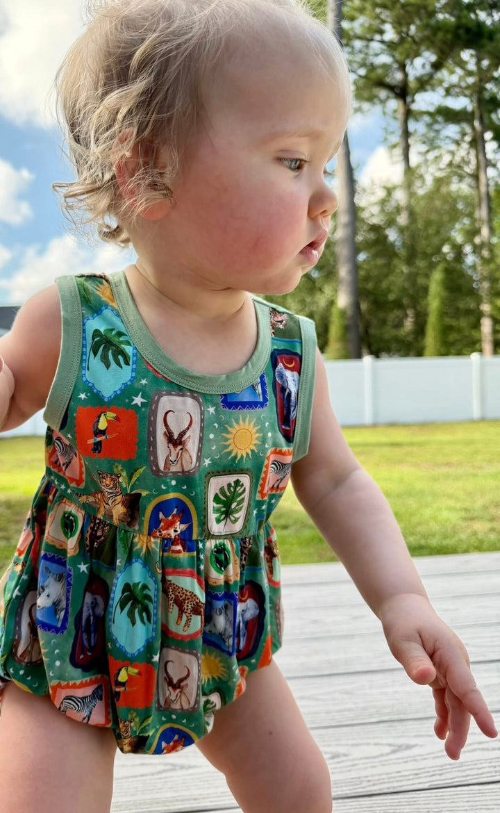 Sleeveless Ruffle Leg  Bubble Romper - Safari Snapshots