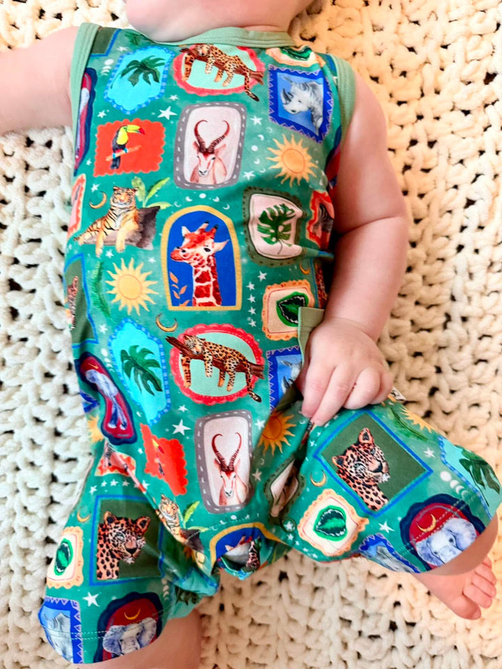 Shorty Pocket  Romper - Safari Snapshots