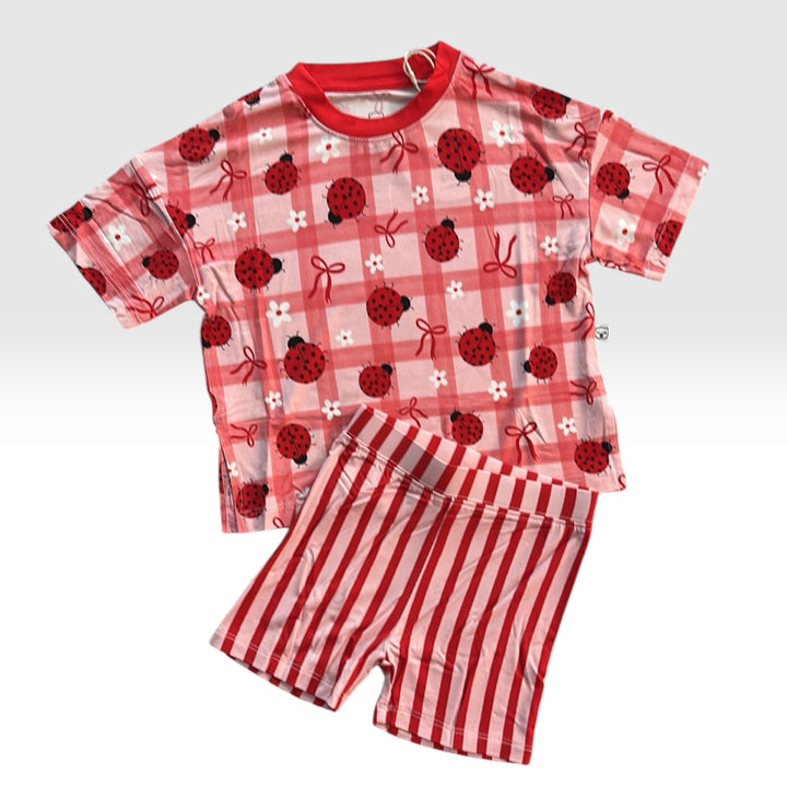 Two-Piece Oversized Tee and Bikers Set - Ladybug with Stripe Bikers