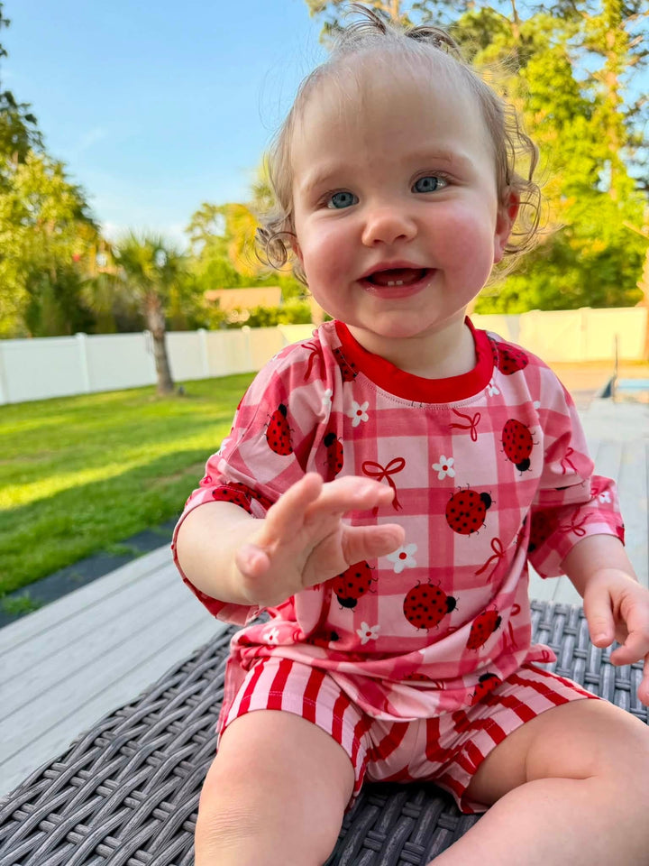 Two-Piece Oversized Tee and Bikers Set - Ladybug with Stripe Bikers