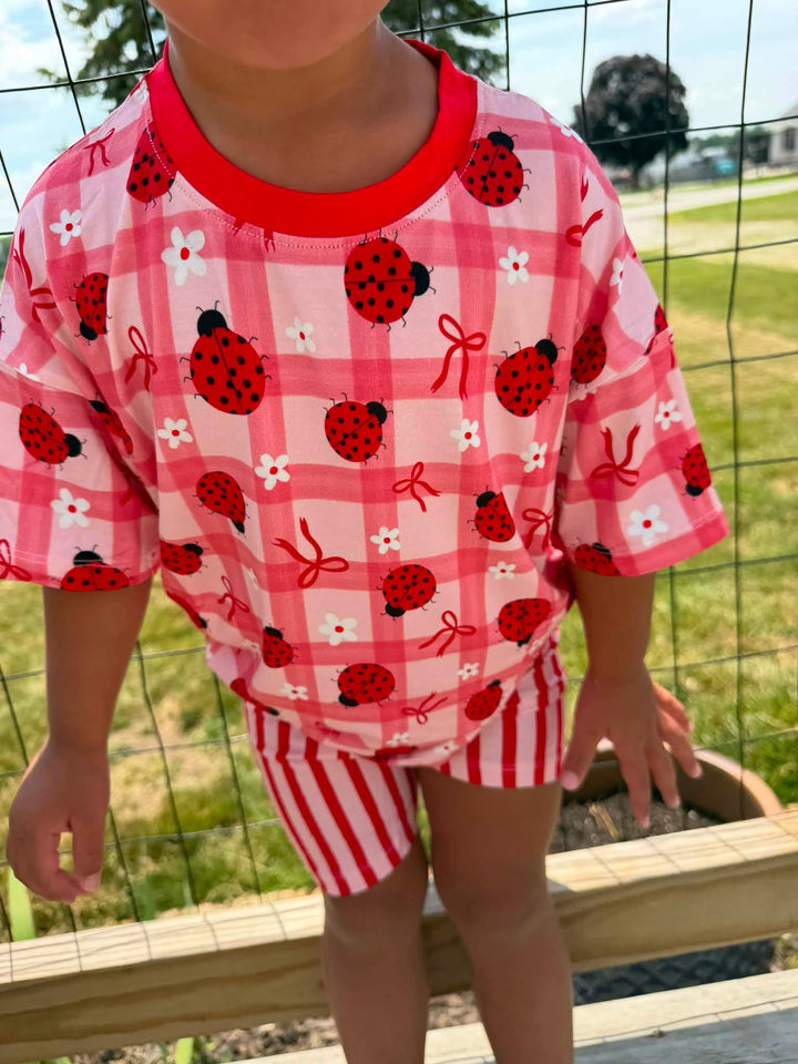 Two-Piece Oversized Tee and Bikers Set - Ladybug with Stripe Bikers