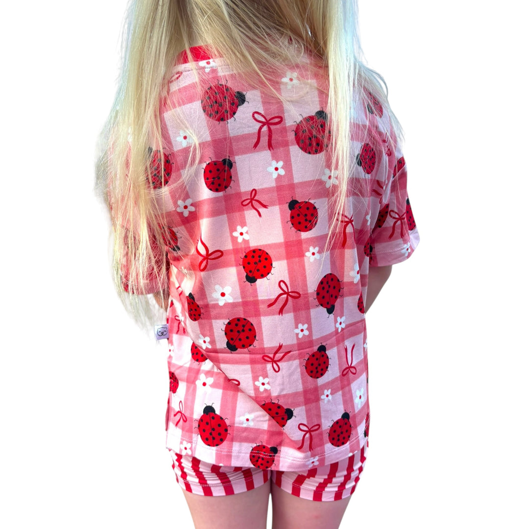 Two-Piece Oversized Tee and Bikers Set - Ladybug with Stripe Bikers
