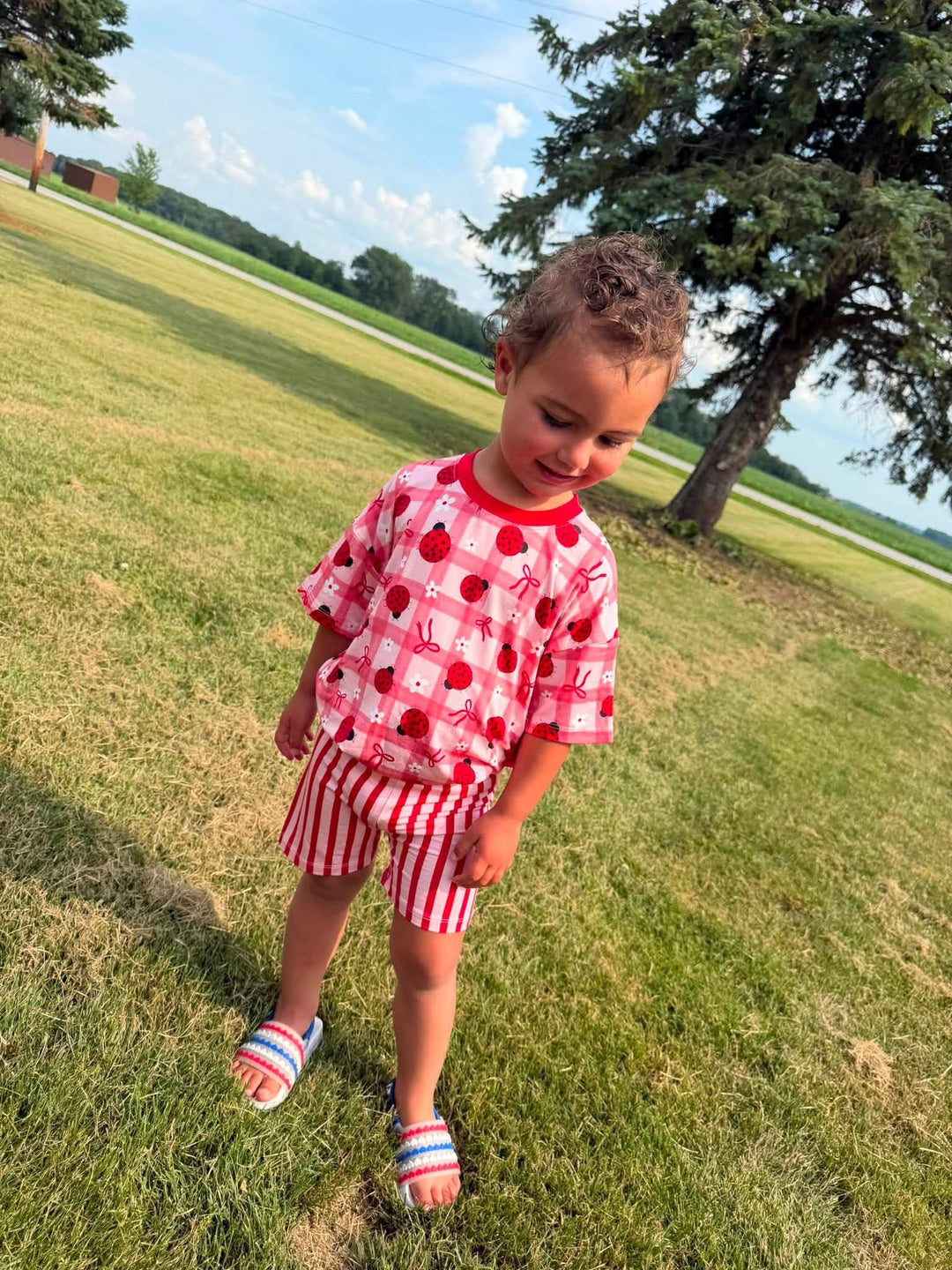 Two-Piece Oversized Tee and Bikers Set - Ladybug with Stripe Bikers