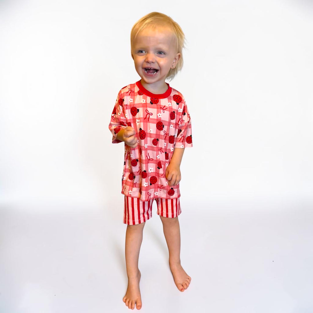 Two-Piece Oversized Tee and Bikers Set - Ladybug with Stripe Bikers