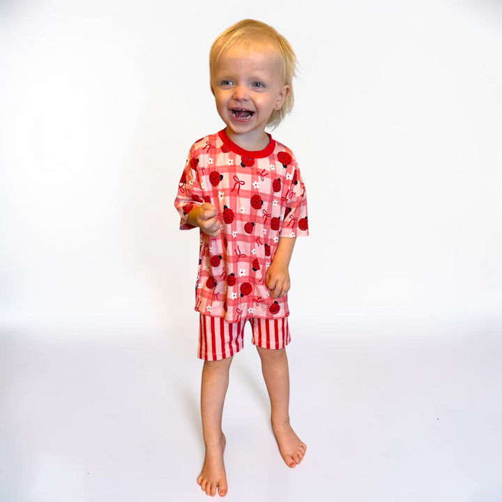 Two-Piece Oversized Tee and Bikers Set - Ladybug with Stripe Bikers