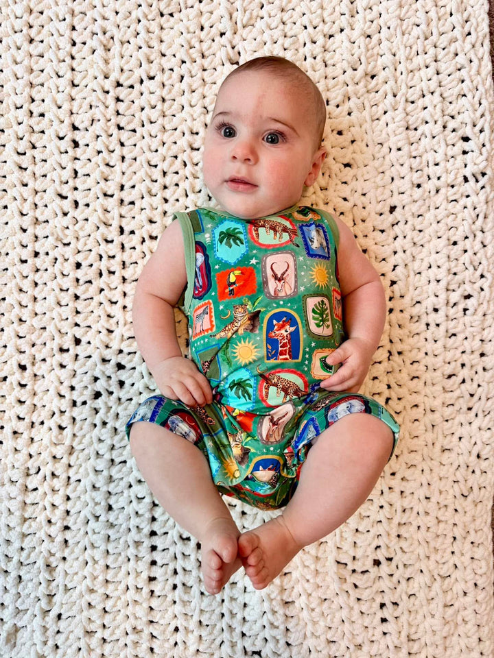 Shorty Pocket  Romper - Safari Snapshots