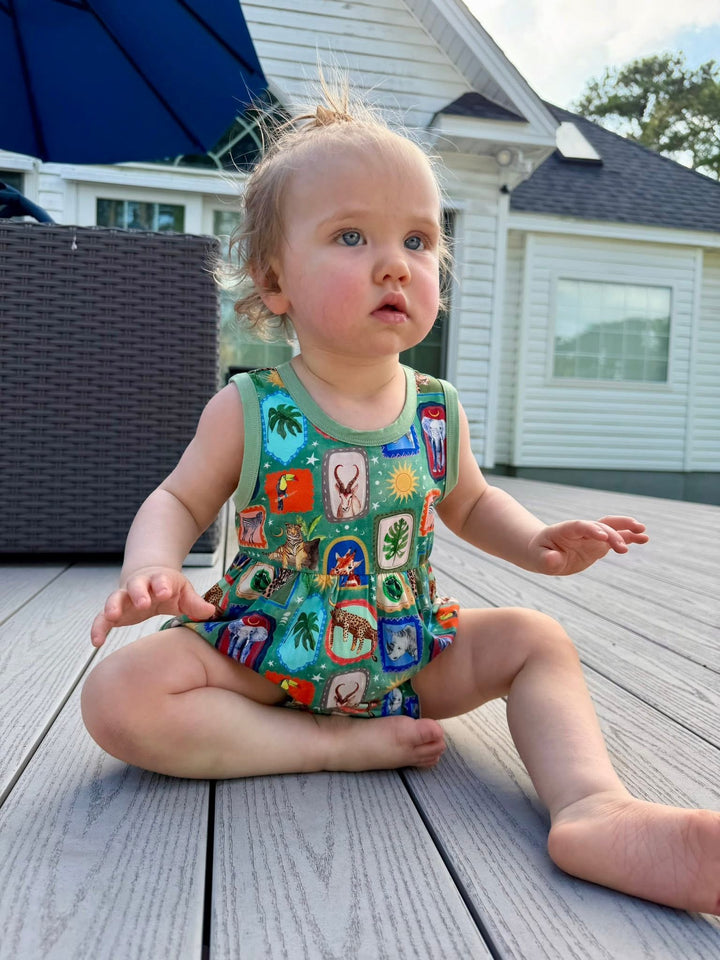 Sleeveless Ruffle Leg  Bubble Romper - Safari Snapshots