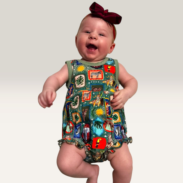Sleeveless Ruffle Leg  Bubble Romper - Safari Snapshots