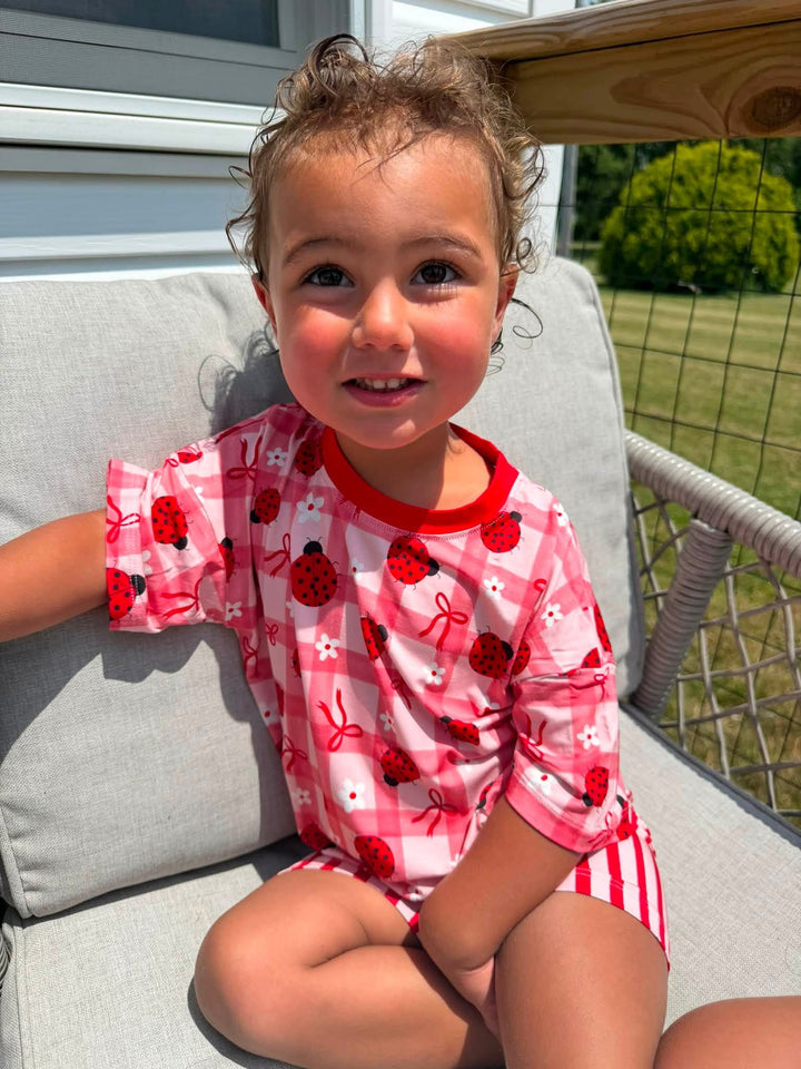 Two-Piece Oversized Tee and Bikers Set - Ladybug with Stripe Bikers