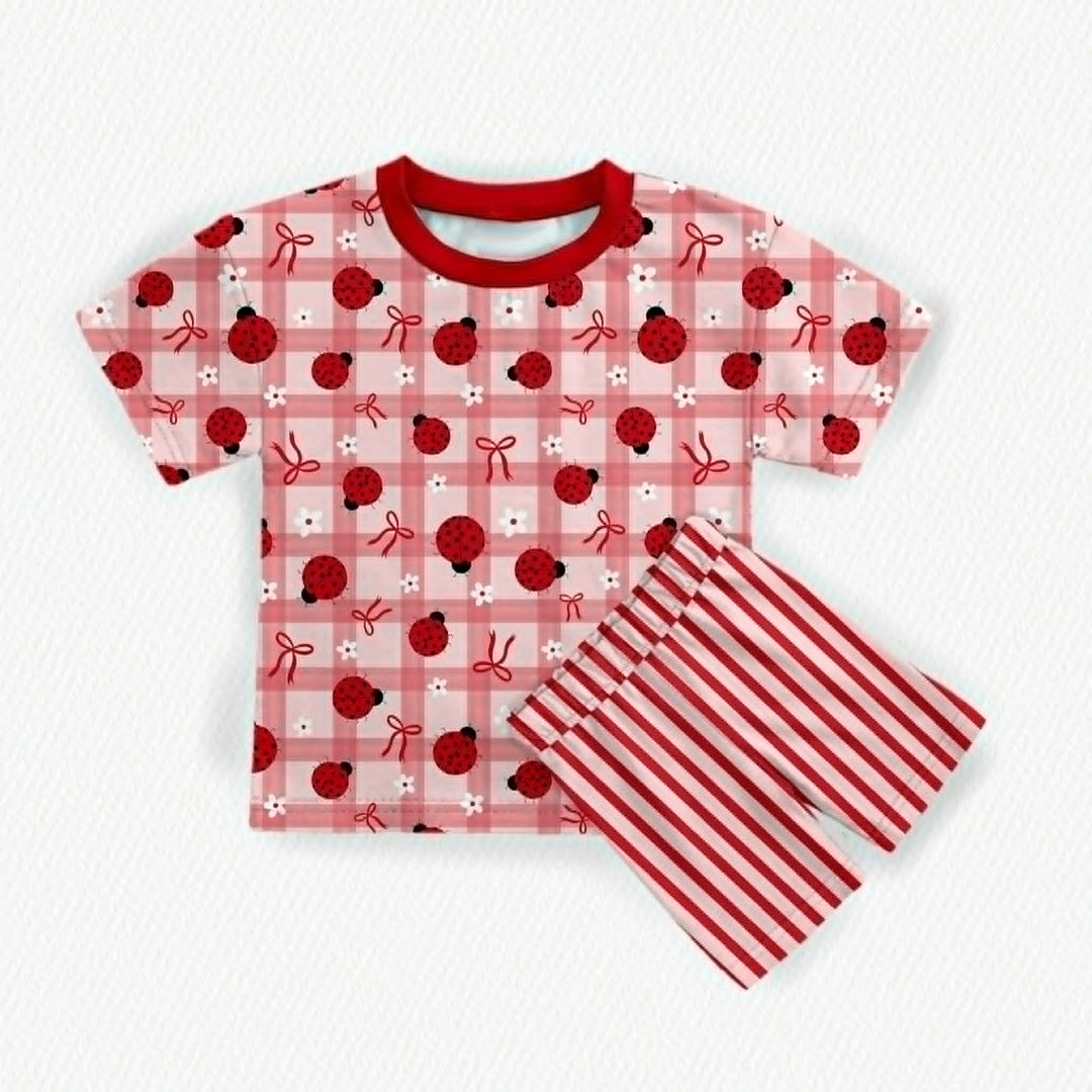 Two-Piece Oversized Tee and Bikers Set - Ladybug with Stripe Bikers