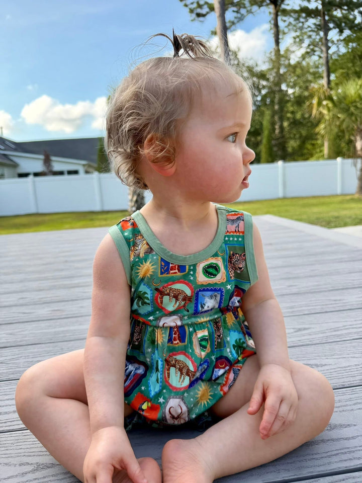 Sleeveless Ruffle Leg  Bubble Romper - Safari Snapshots