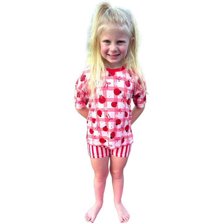 Two-Piece Oversized Tee and Bikers Set - Ladybug with Stripe Bikers