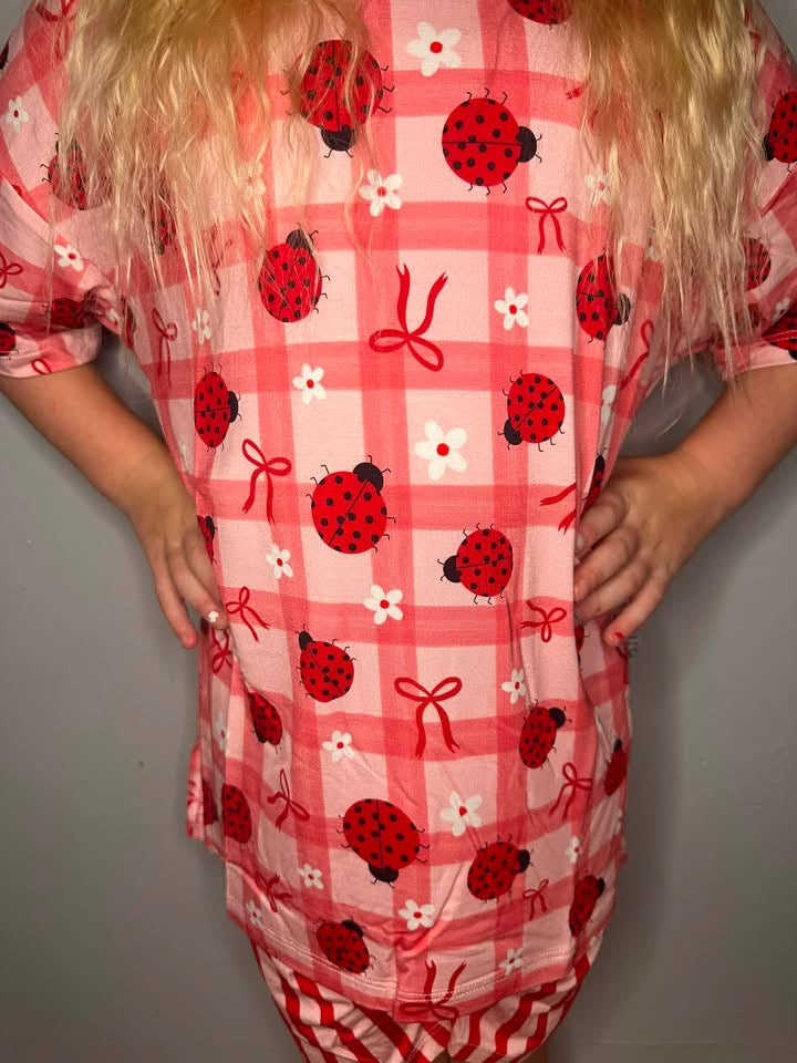 Two-Piece Oversized Tee and Bikers Set - Ladybug with Stripe Bikers